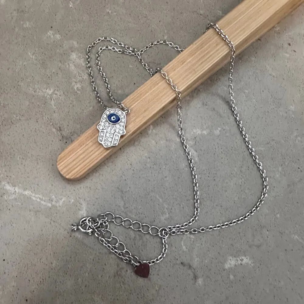 Sterling Silver Hamsa CZ Necklace with Evil Eye, Minimalist, Protection